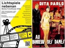 Plakat für "Lichtspiele nebenan" und Filmplakat "Au Bonhour des Dames"